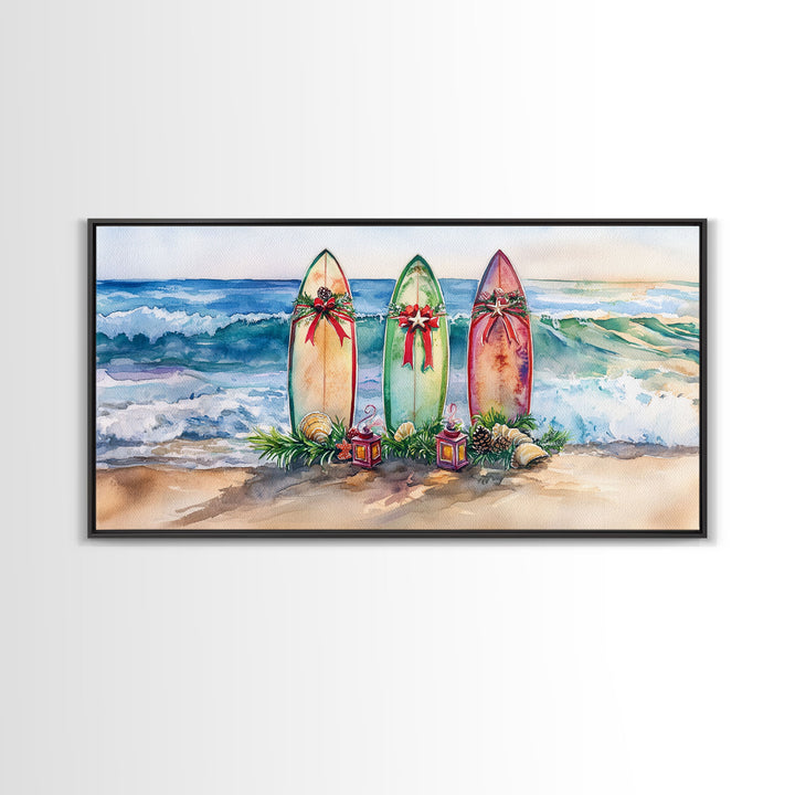 Beach Christmas Decor with Surfboards, Tropical Christmas Art, Framed Canvas Print, Watercolor Wall Art, Coastal Holiday Decor Art Gift Idea