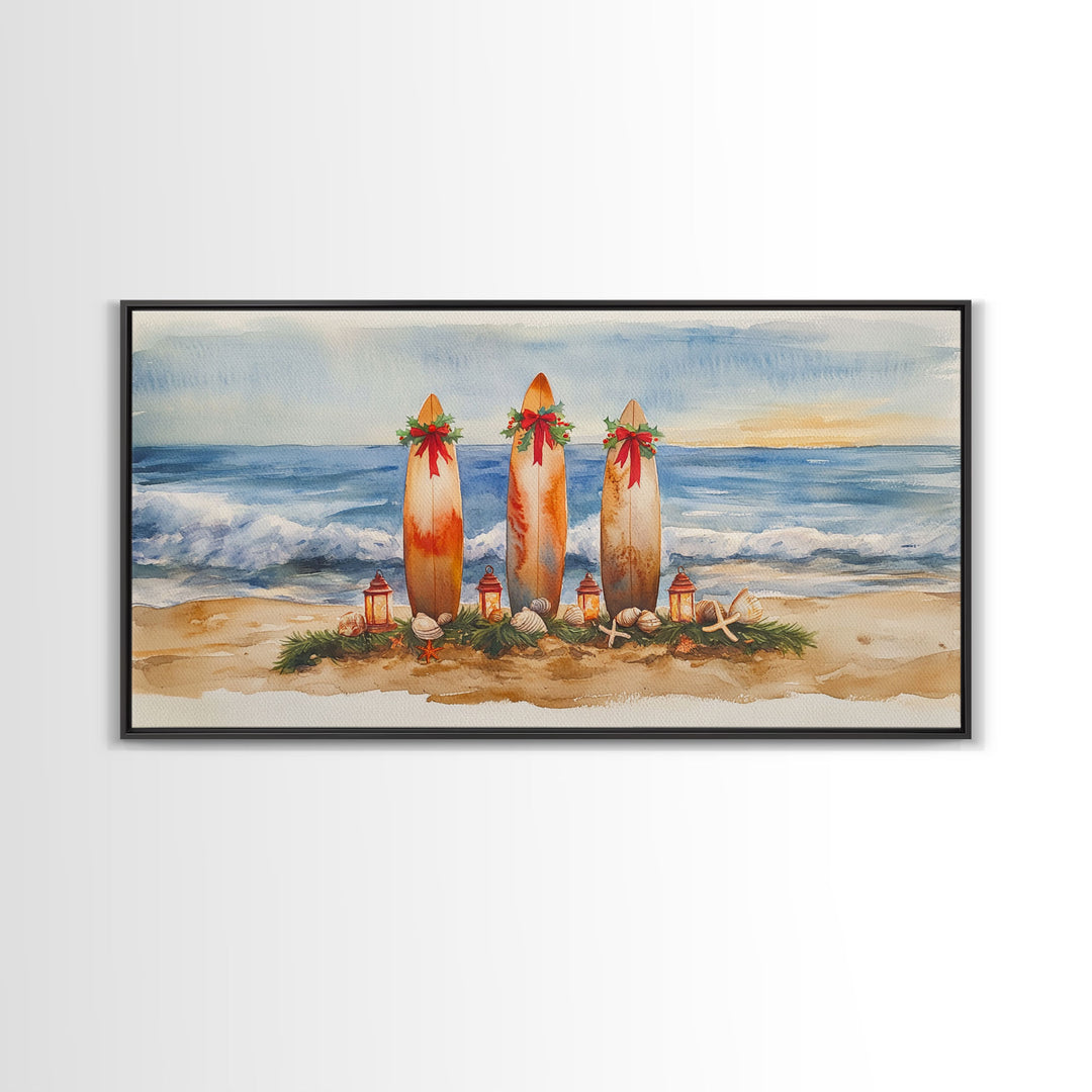 Coastal Christmas Surfboard Scene, Beach Christmas Decor, Framed Canvas Print, Watercolor Wall Art, Tropical Holiday Decor, Best Gift Idea
