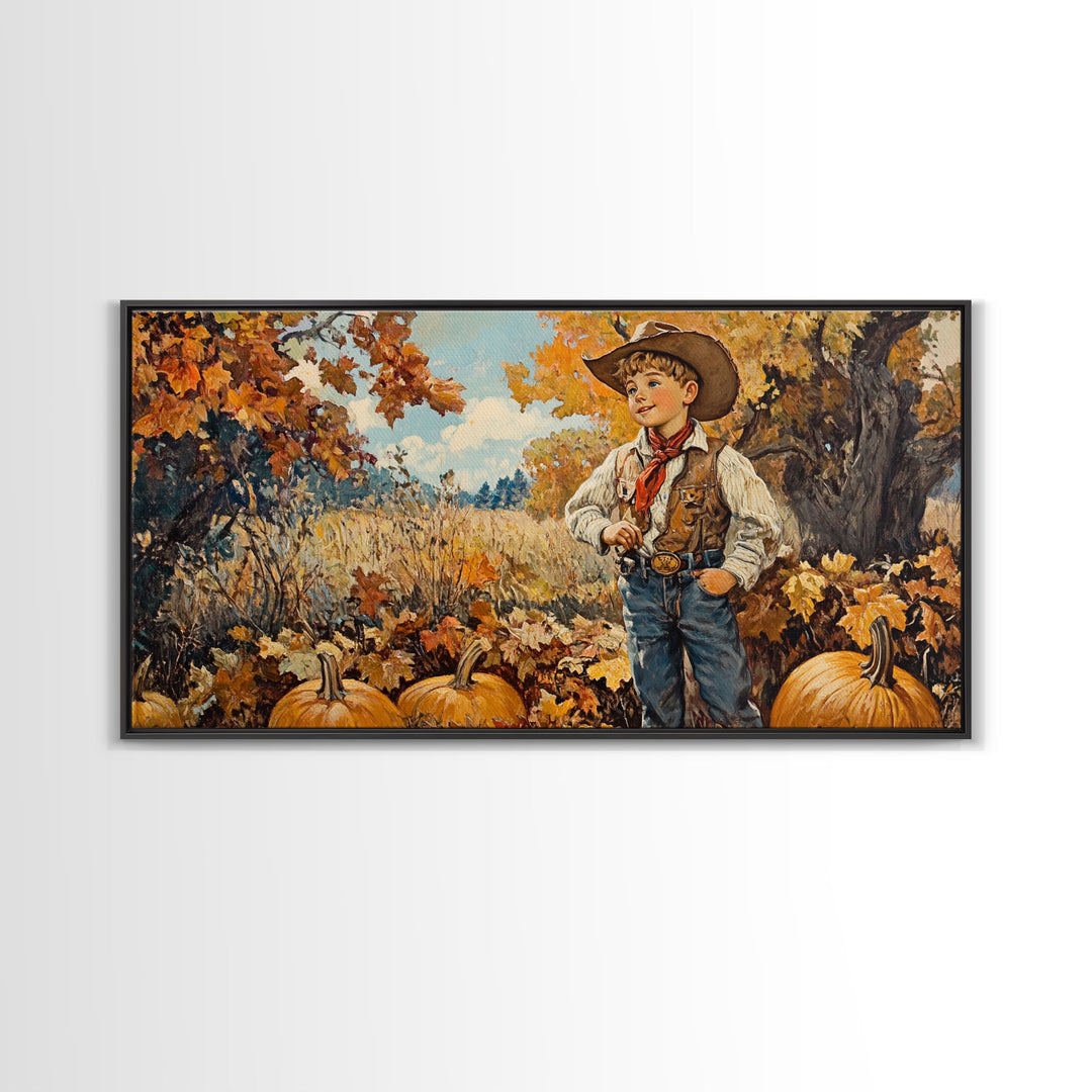 Vintage Fall Cowboy Framed Canvas Print, Retro Autumn Wall Art, Farmhouse Pumpkin Patch, Gift Idea, Harvest Home Decor, Rustic Art Piece