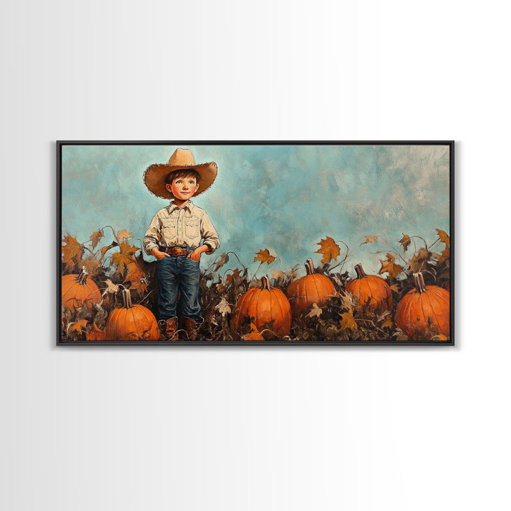 Cowboy Boy with Pumpkins Framed Canvas Print, Fall Wall Art, Rustic Farmhouse Decor, Vintage Harvest Print, Gift Idea, Holiday Home Decor