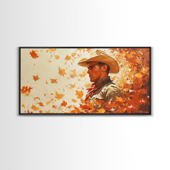 Cowboy and Fall Leaves, Framed Canvas Print Seasonal Wall Art Christmas Cowboy Gift Winter Landscape Wall Decor