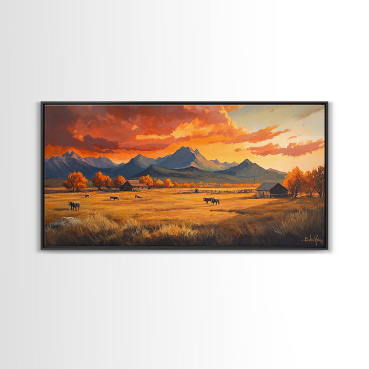 Fall Sunset Framed Canvas Print Scenic Ranch Landscape Art Autumn Wall Decor Ideal Holiday Home Decor and Gift for Farmhouse Style