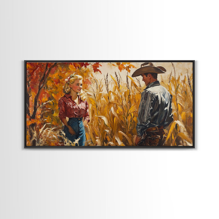 Cowboy & Cowgirl In Love, Framed Canvas Print, Vintage Holiday Winter Wall Art Western Christmas Decor