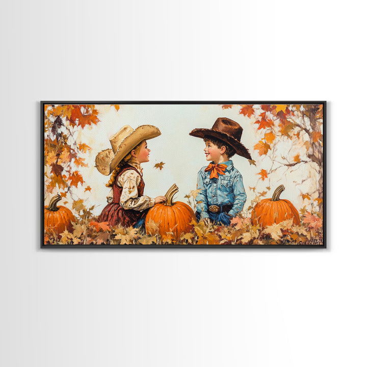 Cute Cowboy and Cowgirl In a Pumpkin Patch, Framed Canvas Print, 1950s Style Wall Art, Nursery Decor