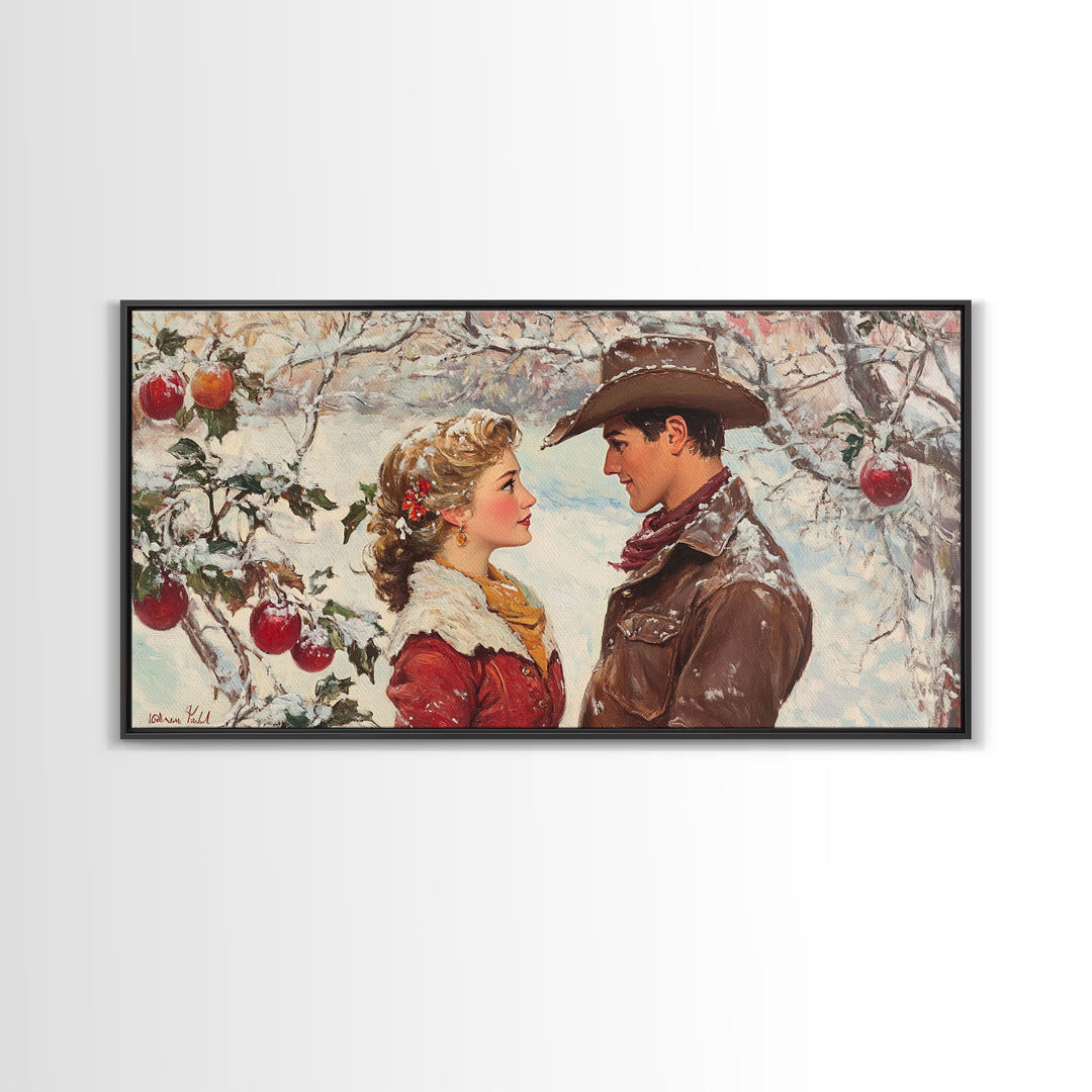 Cowboy and Cowgirl meet under the mistletoe, framed canvas print, cute winter wall art, Christmas home decor, seasonal rustic decor