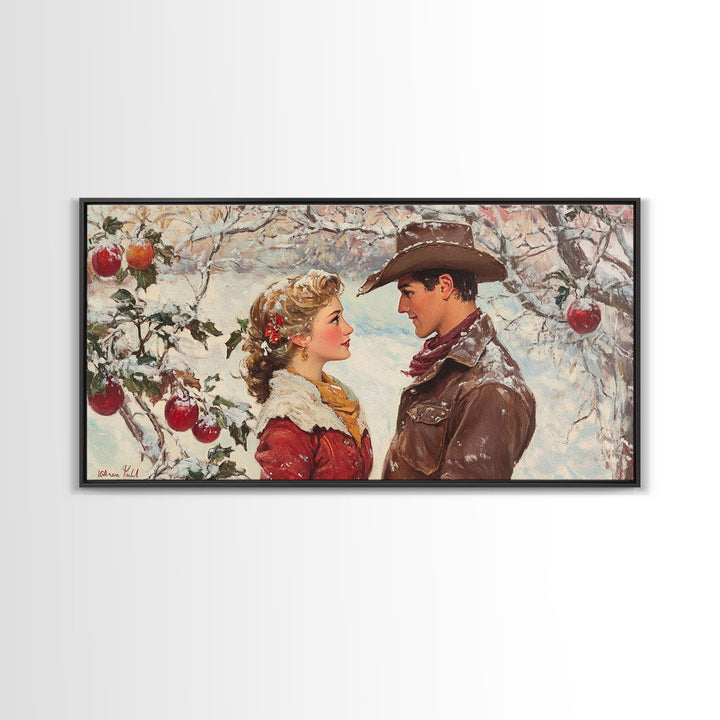 Cowboy and Cowgirl meet under the mistletoe, framed canvas print, cute winter wall art, Christmas home decor, seasonal rustic decor