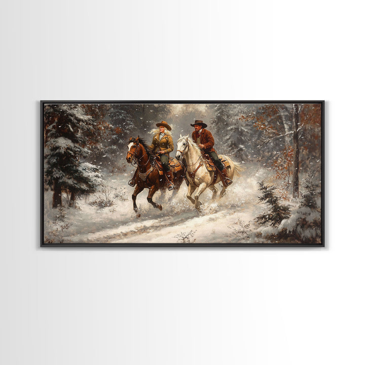 Riders In The Snow, Framed Canvas Print, Rustic Wall Decor, Primitive Art, wall art, warm fall colors, western decor, rustic farmhouse