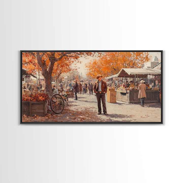 Cowboy in green jacket, snow-capped mountains trees, Framed Canvas Print, tall western Christmas wall art, winter decor, colorful landscape