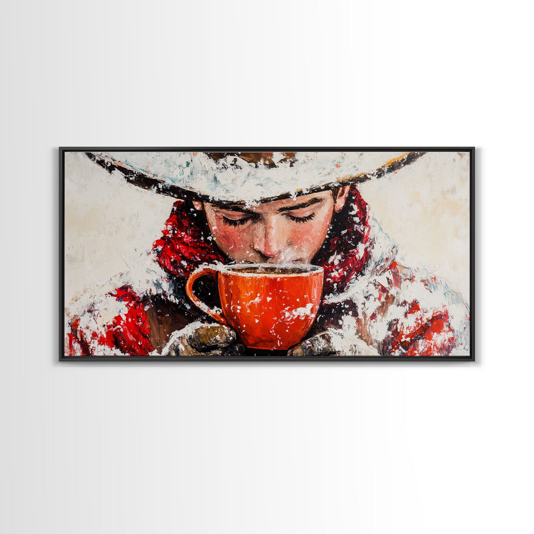 Cowboy in forest with burning fire, deep autumn hues, Framed Canvas Print, moody landscape, fall western art, rustic wall piece, wall decor
