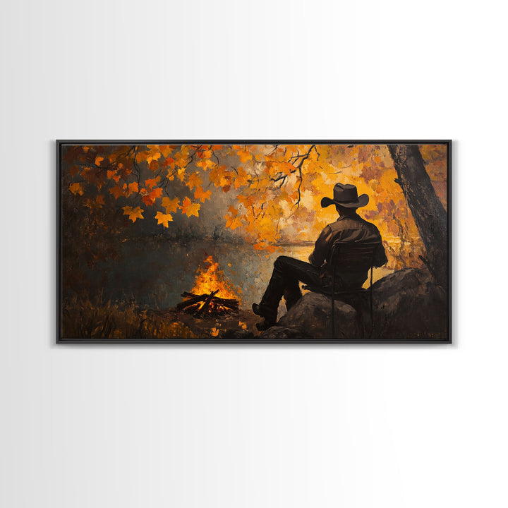 Cozy autumnal Framed Canvas Print featuring a woman with a mug, surrounded by vibrant fall leaves, perfect seasonal wall art for cozy spaces