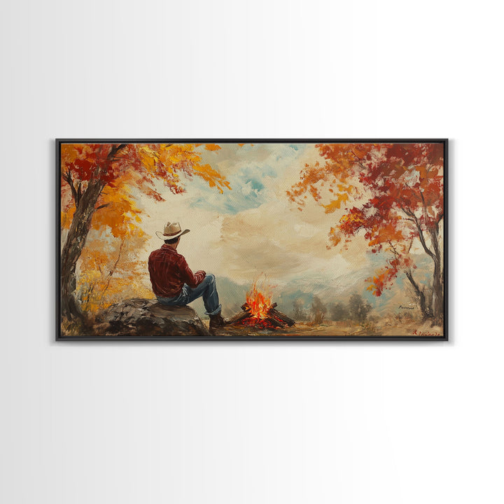 Cheerful Framed Canvas Print of a woman in a cowboy hat enjoying a coffee by fall colors, perfect vintage autumn wall art decor