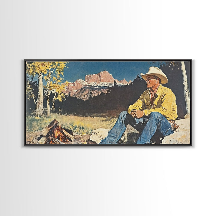 Bold monochromatic Framed Canvas Print showcasing a woman in a cowboy hat with horses in a snowy mountain landscape, rustic winter wall art