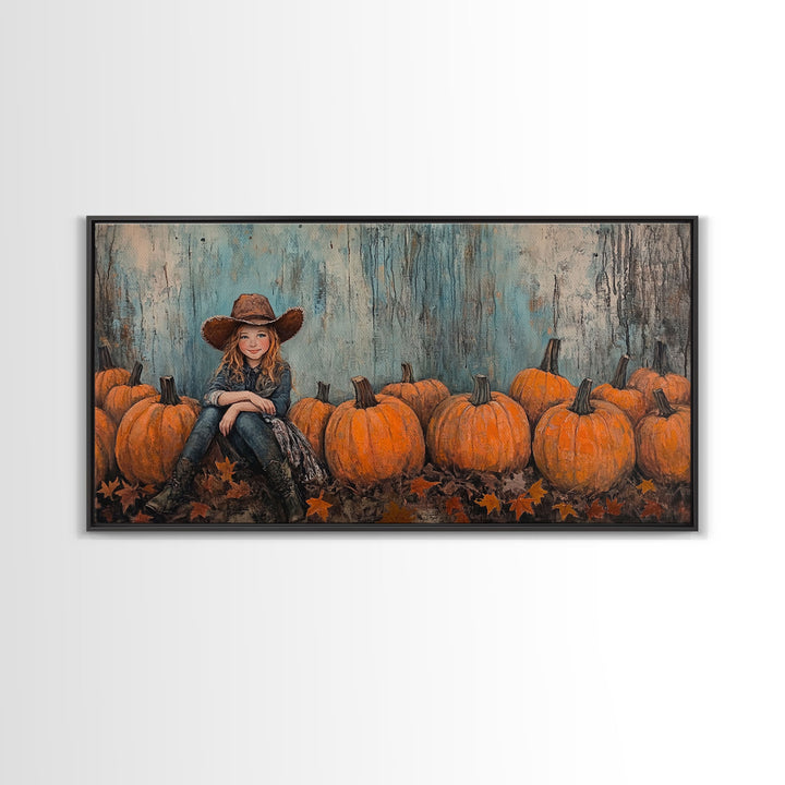 Cute Cowgirl In A Pumpkin Patch, Framed Canvas Print, Fall / Thanksgiving Decor, minimalist seasonal art for autumn or Christmas decor