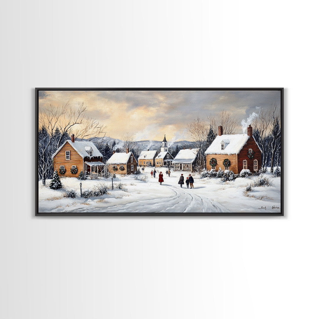 Snowy Village Church Scene, Rustic Christmas Landscape Wall Art, Winter Wonderland Framed Canvas Print, Country Holiday Home Decor