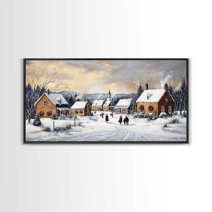 Snowy Village Church Scene, Rustic Christmas Landscape Wall Art, Winter Wonderland Framed Canvas Print, Country Holiday Home Decor