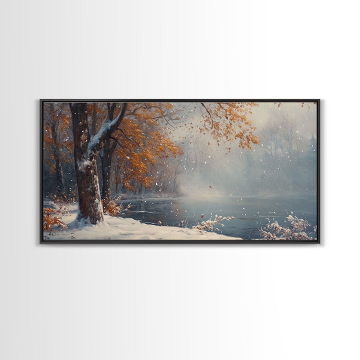Autumn Lake Scene Framed Canvas Print with Fall Colors, Ideal Seasonal Wall Art or Gift Idea for Nature Lovers and Home Decor