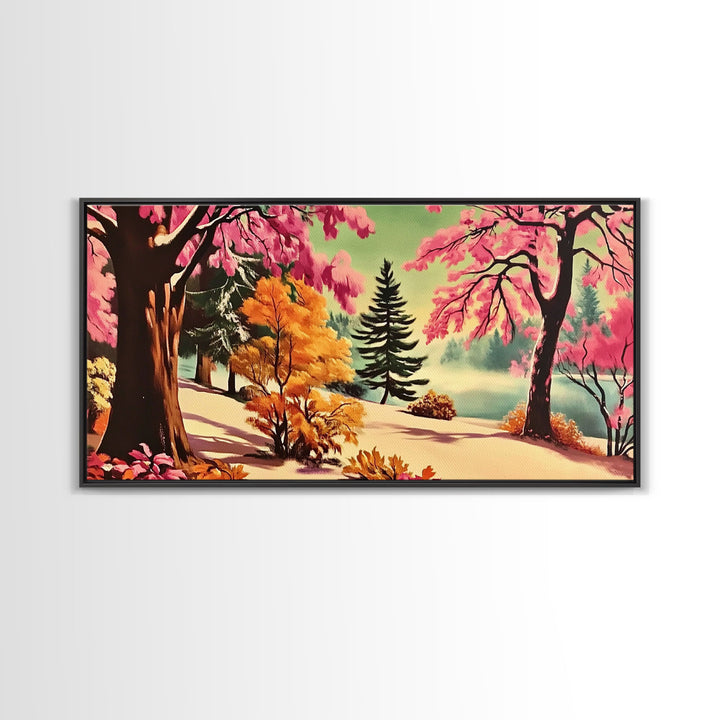 Colorful Path with Pink and Orange Trees Framed Canvas Print, Ideal Autumn Wall Art, Perfect Seasonal Decor Gift for Nature Lovers