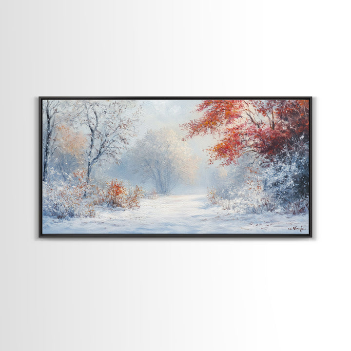 Cozy Cabin in the Snow Framed Canvas Print, Ideal Christmas Holiday Wall Art for Winter Wonderland Decor and Festive Home Interiors