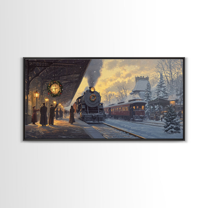 Christmas Train Station Framed Canvas Print, Snowy Train Scene Art, Vintage Christmas Decor, Holiday Wall Art, Best Christmas Gift