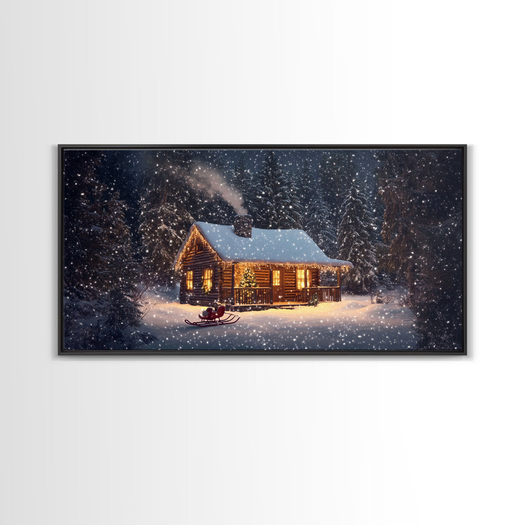 Cozy Cabin in Snow Framed Canvas Print, Winter Wonderland Scene Art, Rustic Christmas Decor, Holiday Wall Art, Seasonal Gift Idea