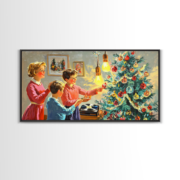 Family Christmas Decorating Framed Canvas Print, Retro Holiday Scene Art, Vintage Christmas Home Decor, Christmas Art Prints, Wall Art