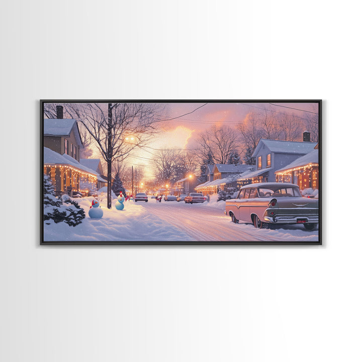 Snowy Neighborhood Evening Framed Canvas Print, Winter Wonderland Scene Art, Christmas Home Decor, Vintage Christmas Art, Holiday Wall Art