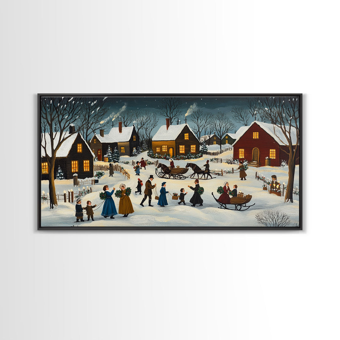 Colonial Village Christmas Scene Framed Canvas Print - Charming Christmas Wall Art and Vintage Holiday Decor 2024 Christmas Gift