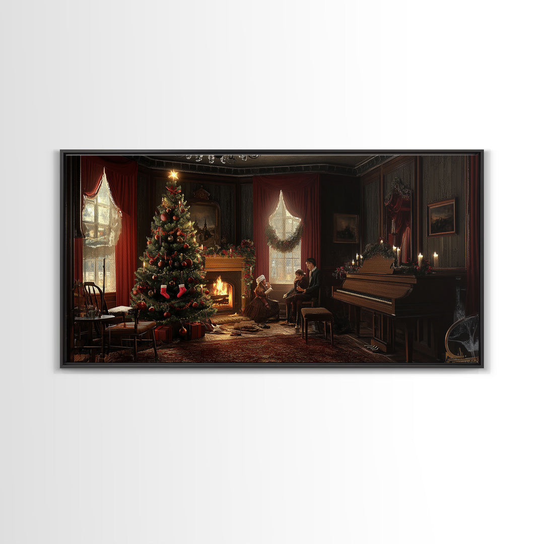 Victorian Christmas Living Room Framed Canvas Print - Elegant Christmas Decor with Vintage Holiday Charm and Indoor Wall Art