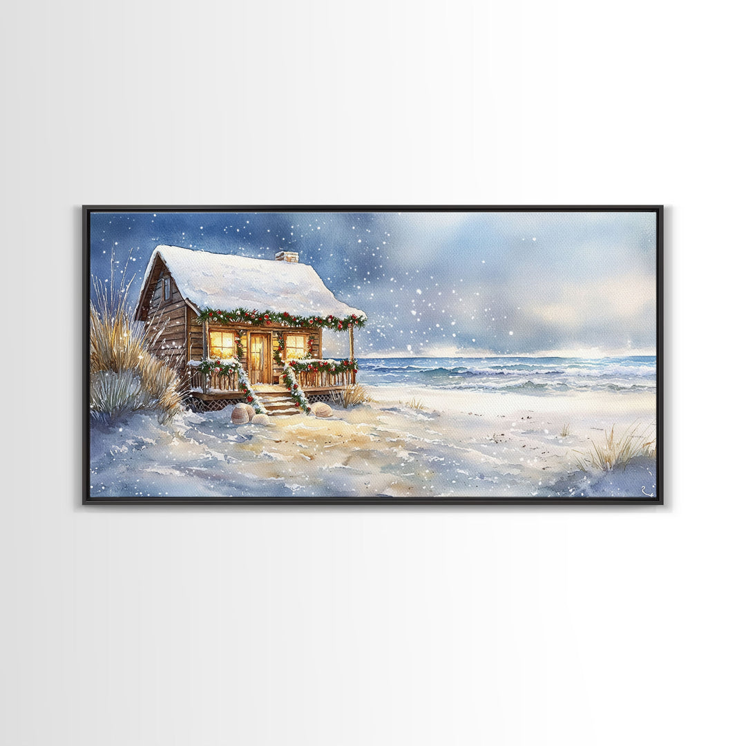 Coastal Winter Cottage Snowy Christmas Scene With Framed Canvas Print, Winter Wonderland Beach House Christmas Decor Wall Art