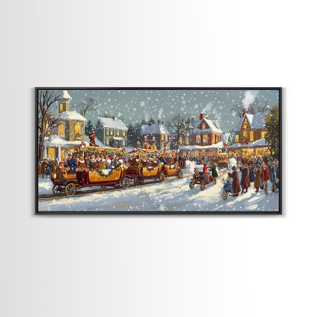 Vintage Christmas parade with decorated cars, 2024 Christmas scene art, framed canvas print, festive holiday art, Christmas wall art