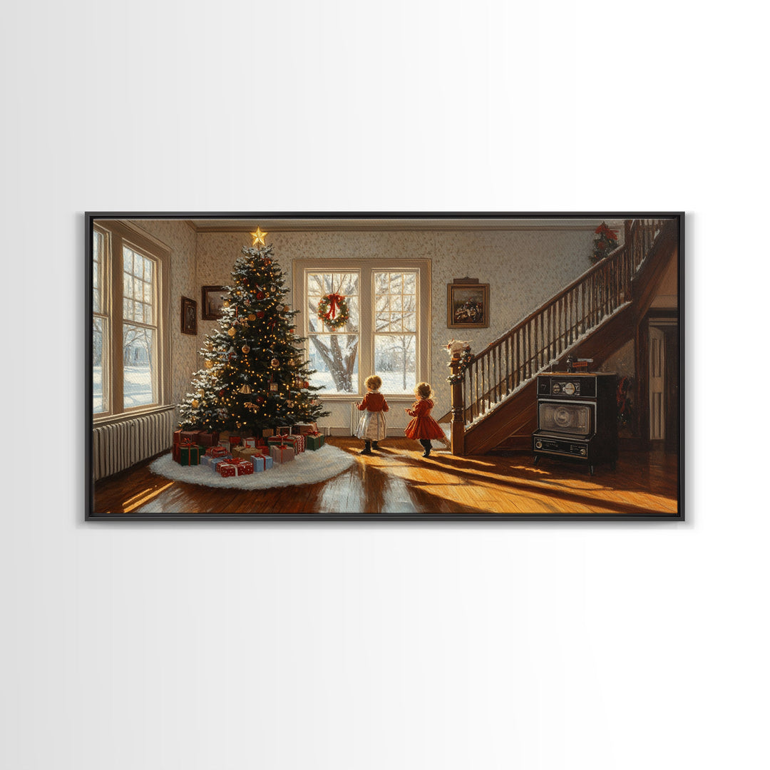 Vintage Christmas scene with children by tree, rustic Christmas home decor, framed canvas print, Christmas art prints, 2024 holiday wall art