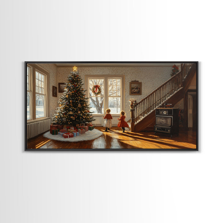 Vintage Christmas scene with children by tree, rustic Christmas home decor, framed canvas print, Christmas art prints, 2024 holiday wall art