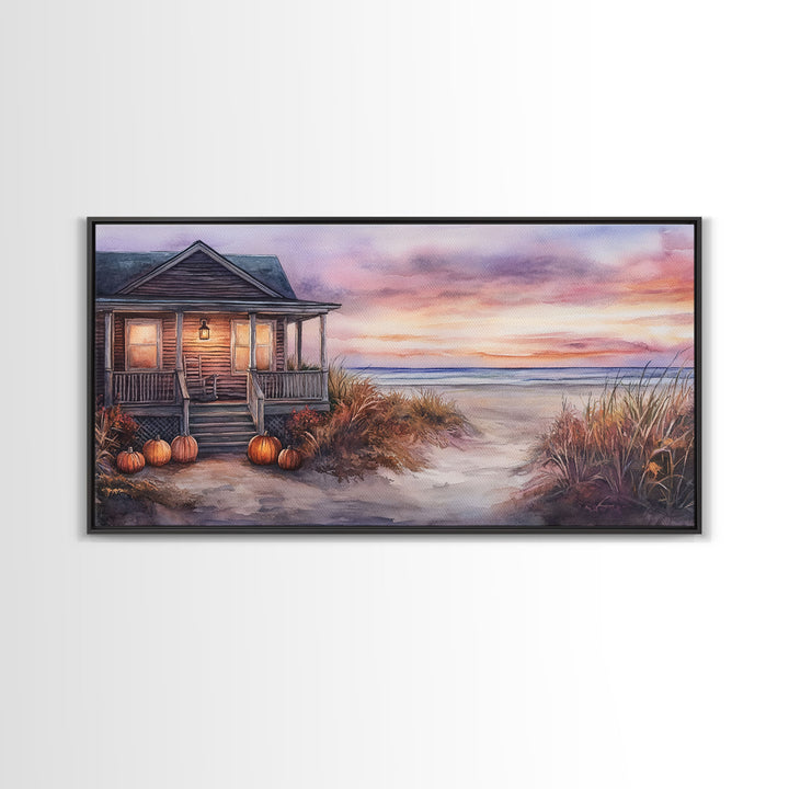 Rustic Beach Cottage Fall Scene Framed Canvas Print, Coastal Autumn Sunset Wall Art Ideal Autumn Gift, Seasonal Beach Decor