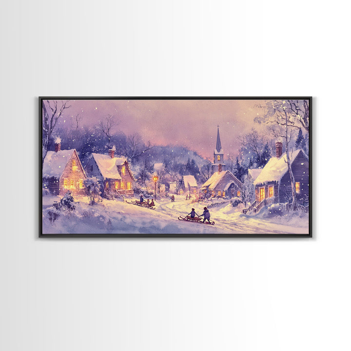 Serene Christmas Village Framed Canvas Print, Snowy Winter Landscape with Families Sledding in a Cozy Neighborhood Holiday Art