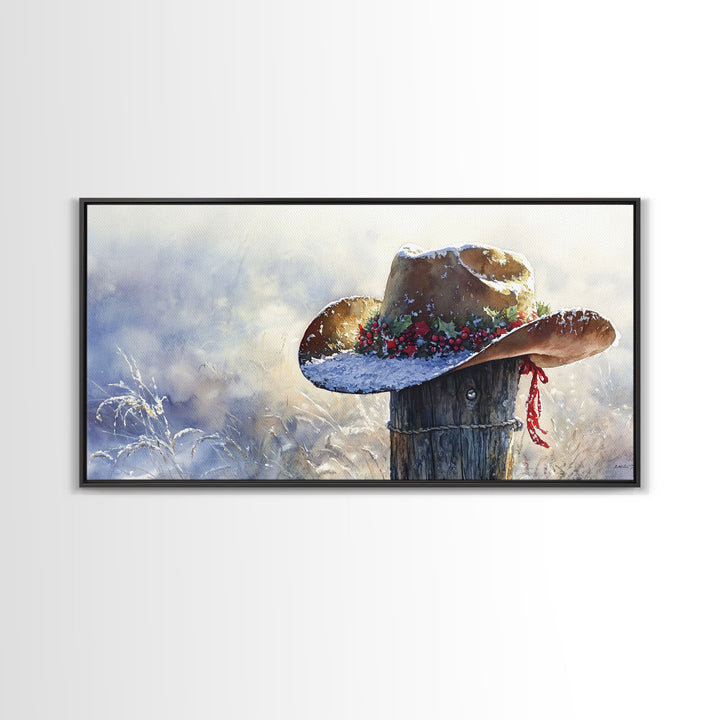 Rustic Cowboy Christmas Hat Framed Canvas Print, Snow-Covered Country Holiday Decor with Wreath on Fence Perfect Winter Art