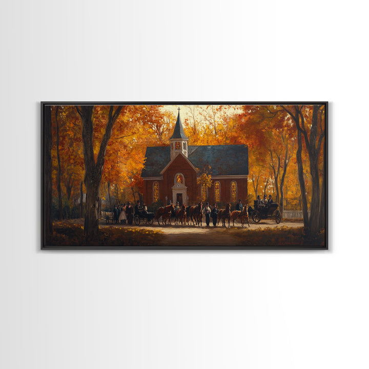 Beautiful Country Church in Autumn Scene Framed Canvas Print Fall Art, Rustic Autumn Church Scene, Vintage Wall Art Home Decor
