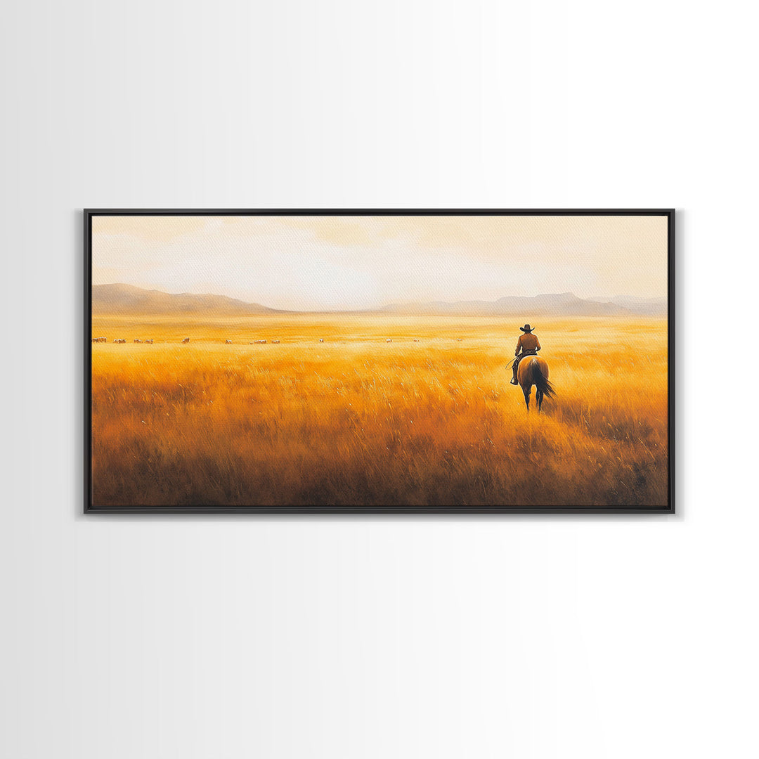 Herding Cattle Across Plains Framed Canvas Print Tall Art Rustic Autumn Landscape Western Country Decor Fall Home Wall Art Farmhouse Gift
