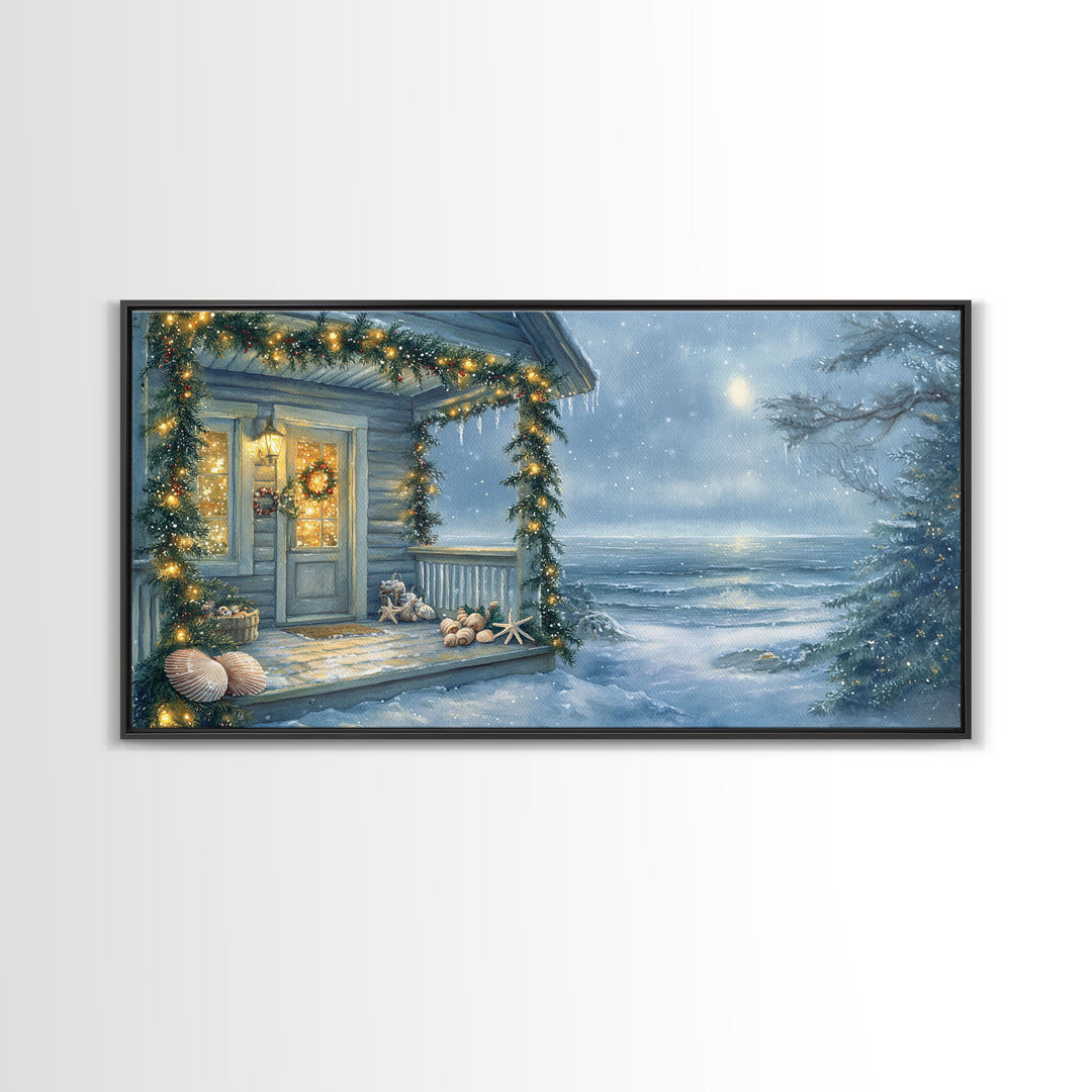 Rustic snowy mountain cabin with Christmas lights, Framed Canvas Print a cozy winter scene, perfect for winter wonderland wall decor