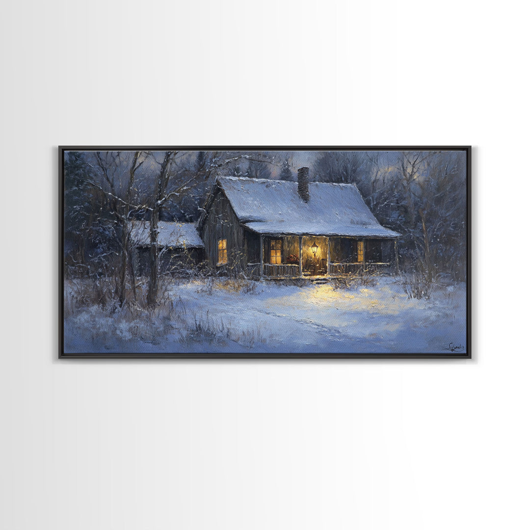 Cozy Winter Cabin Scene Framed Canvas Print with Snowy Landscape, Christmas Wall Art, Rustic Winter Scene, Vintage Seasonal Wall Decor