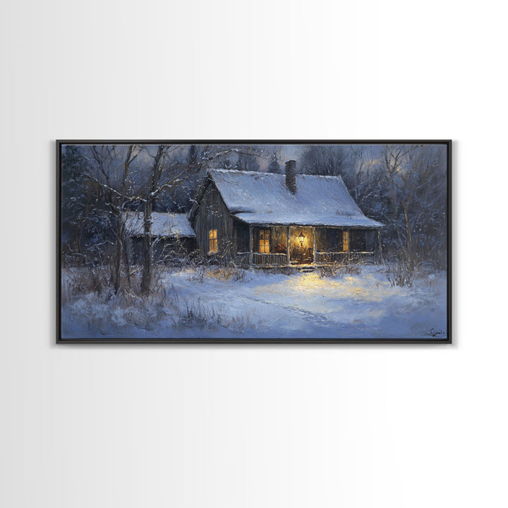 Cozy Winter Cabin Scene Framed Canvas Print with Snowy Landscape, Christmas Wall Art, Rustic Winter Scene, Vintage Seasonal Wall Decor
