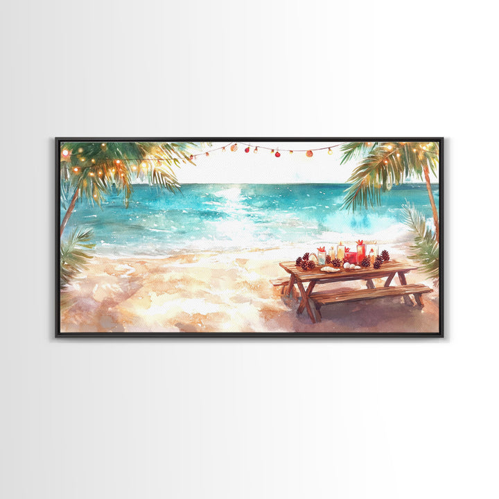 Beach Christmas decor picnic setup with palm trees and lights, framed canvas print showcasing tropical coastal holiday art decor