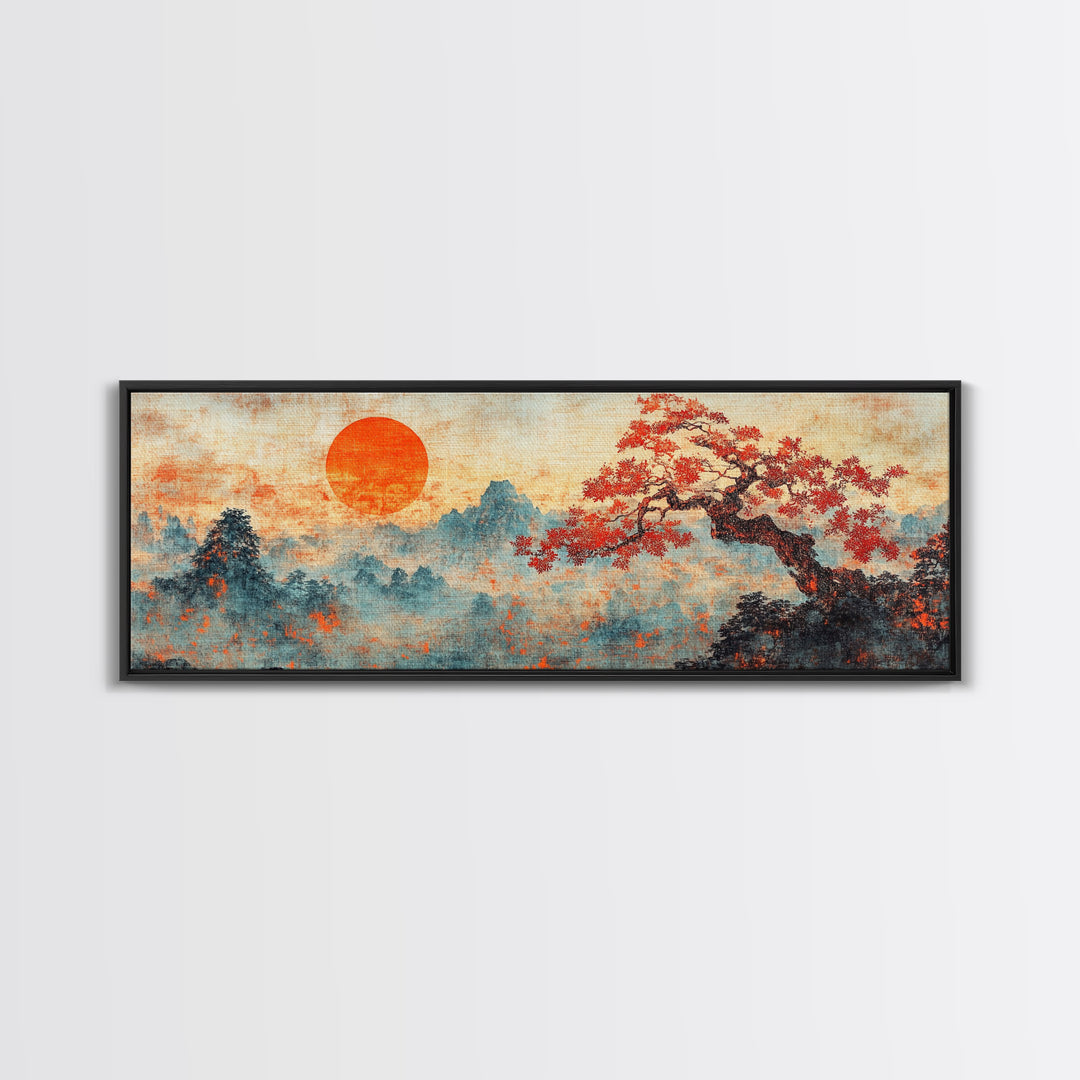 Maple Tree At Sunset With Red Leaves, Japanese Vintage Style Wall Art, Panoramic Painting Print, Woodblock Print, Boho Wall Decor