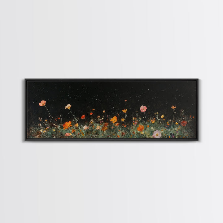 Dark & Moody Wild Flowers Under a Full Moon, Framed Canvas Print, Panoramic Extra Wide Wall Art, Oversized Home Decor, Modern Farmhouse Art