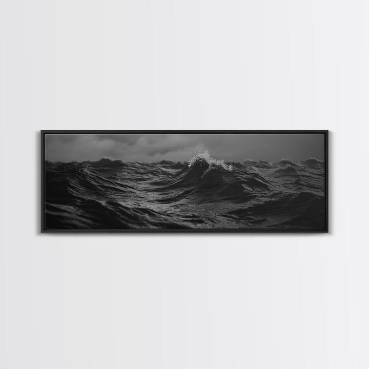Black and White Ocean Photography Style Print, Panoramic Wall Art, Wood Framed Canvas Art, Seascapes, Nautical Decor