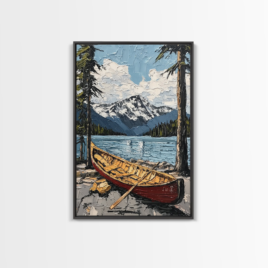 Canoe in the Mountains Framed Canvas Print, Abstract Pacific Northwest Oil Painting Print, Oregon or Washington Wall Art