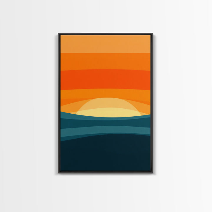 Art Deco Sunset Framed Canvas Print, MCM Style Wall Art Living Room Decor, Abstract Modern Art