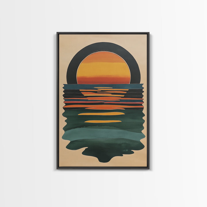 Art Deco Sunset Over The Ocean, Minimalist Home Decor Canvas Print, Emerald Green Ocean With Sunrise, Boho Art