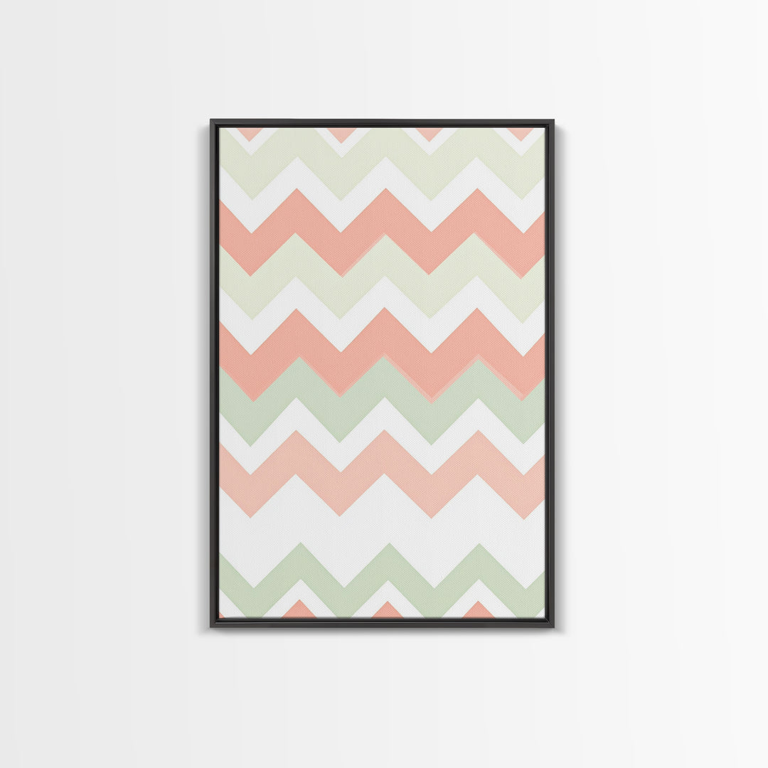 Pink and Mint Green Chevrons, MCM style Mid Century Modern Home Decor, Framed Canvas Print, Whimsical Wall Art