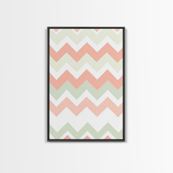 Pink and Mint Green Chevrons, MCM style Mid Century Modern Home Decor, Framed Canvas Print, Whimsical Wall Art