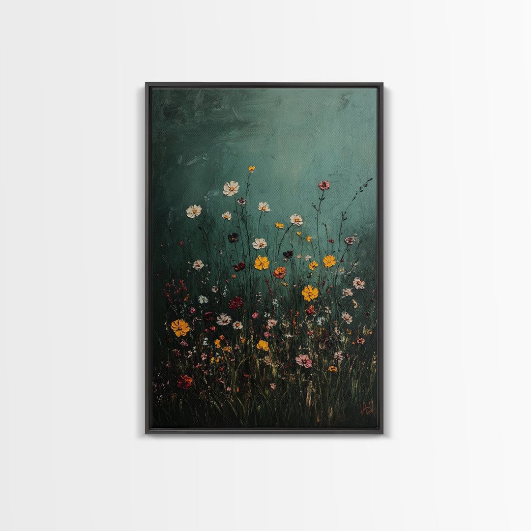Dark & Moody Wild Flowers Print, Framed Canvas, Boho Decor, Wildflowers in a Rain Storm, Modern Farmhouse, Rustic Decor